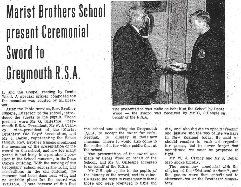 Ceremonial sword presented to the RSA, Greymouth. | West Coast New ...
