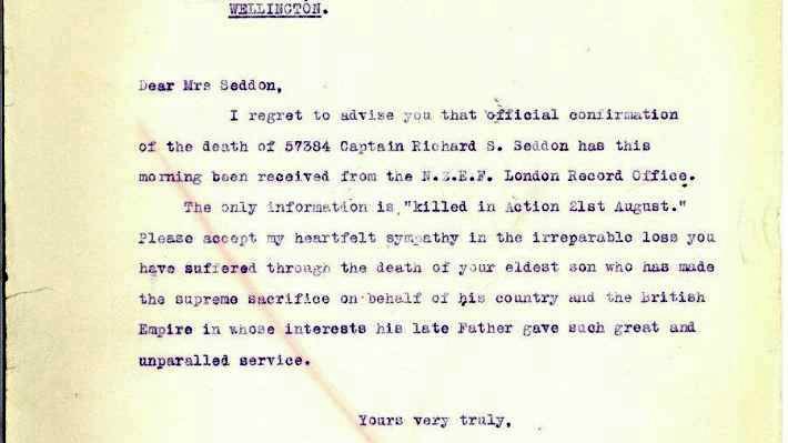 The letter sent to Louisa Seddon informing her of her son's death on the Western Front.
