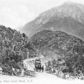 Coach at the foot of Otira Gorge.1900`s