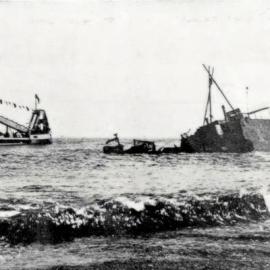 Arrival of the Greymouth Harbour Boards new dredge, the Mawhera, March 1909.