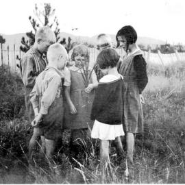 Fred Watts, Jim Watts, Sid Watts, Irene Paterson,Lily and Rennie Mc`George -  Rotokohu School  nature study - 1930`s.