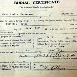 Burial Certificate of John Pattersons Helvetia Hotel, Goldsborough, 6th June 1953.