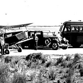 Leyland railcar Rm21, Air Travels Fox Moth ZK-AEK and Newmans Service car, Hokitika.1934.