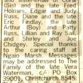 Vera Waterman obituary