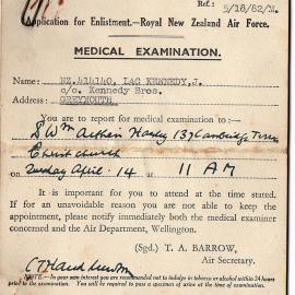 Jim Kennedys Medical Examination appointment  for continuation in the RNZAF. 1942.