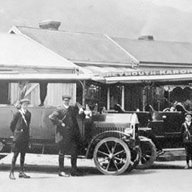 Tarapuhi St Bus Garage-George Webster and Laurie Inkster are the drivers.1914.