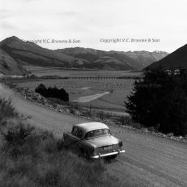 Looking up the Waimakariri River to the Midland line rail bridge 1960.