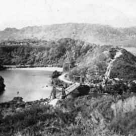 Birdseye view Charleston Nile River suspension bridge.