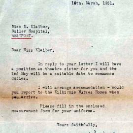 Letter to Miss Klaiber a nurse at Buller Hospital, Westport, 16th March 1951.