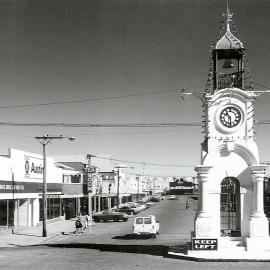 View of the Memorial Clock Tower in Weld Street, Hokitika, February 1979.