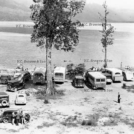 Lake Kaniere excursion buses and cars at Sunny Bight.