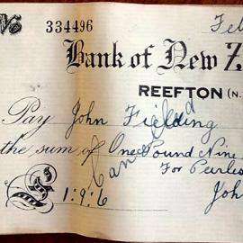 Cheque to John Fielding from the Reefton BNZ bank, 10th February 1933.