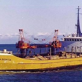 La Bonita,with the last shipment of logs to be landed at Greymouth.  May,1978 .