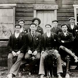 "Irrepressible order of Bachelors" outside Spiders Web, Runanga.Ca.1900.