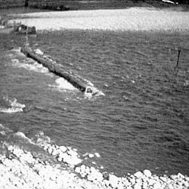 Log being dragged across Inangahua River to Saw Mill, Larrys Creek area, February 1948.