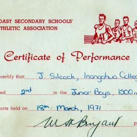 John Silcocks Certificate of Performance from Inangahua College, 18th March 1971.