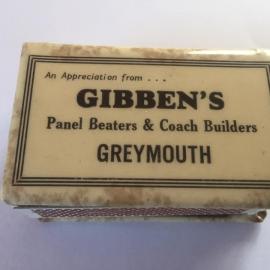 Gibben's Panelbeaters and Coach Builders match box, Greymouth