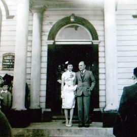 Jimmy On Lee with his daughter on her wedding day outside the Union Church, Reefton, 1960s.