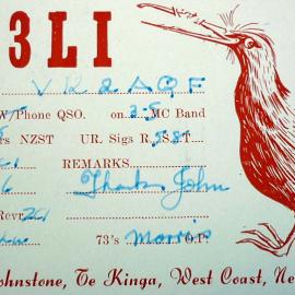 Ham QSL Radio Card, Te Kinga, 1956.
