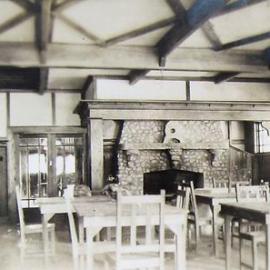 Cobblestone fireplace, Maruia Springs Hotel 1934. Two photos.