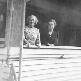 Cecilia Morris left and Sarah Morris on the verandah Maruia Springs Hotel.1944. 1944