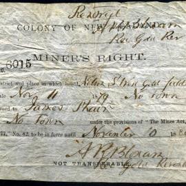 Miners Rights certificate for James Phair , Notown, 1880.