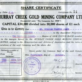 Murray Creek Gold Mining Company Ltd Share Certificate for William Francis James, 1933.