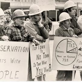 West Coast sawmillers protesting in Cathedral Square 4 Aug 1977.