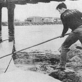 Russell Carter whitebaiting near the Cobden Bridge, Grey River.ca.1966.