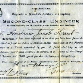 Certificate of Competency for Andrew Jacob Haub from Nelson Creek, 18th February 1916.
