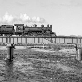 Locomotive Ab755 hauls freight between Westport and Greymouth.1967.
