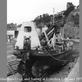 The Mawhera in dry dock, at Lyttelton for Survey Feb 1970.
