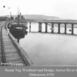 The steam tug Westland and the bridge across to Blaketown, 1930