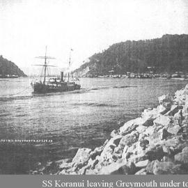 SS Koranui leaving Greymouth under tow.1883