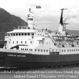 Lindblad Explorer departing Greymouth for Milford Sound, 17 Dec 1973.