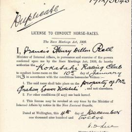 Licence to conduct horse-races at Kokatahi, 10th January 1913.