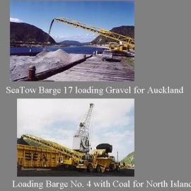 Sea Tow barge loading gravel for Auckland and loading barge No.4 with coal for North Island. Greymouth.
