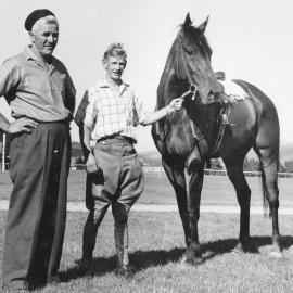 Bob Skelton and Owner Trainer Mick Brown with Great Sensation, 1950s.