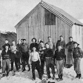 West Coast Alpine Club members outside the first Carroll Hut in the winter of 1940.
