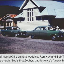 Wedding cars at the Baptist Church, Greymouth.1960.