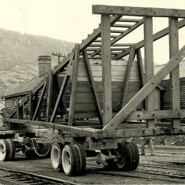 Railway Goods Shed with the Shunters` Shack in the background.Greymouth.ca.1957.