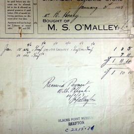 Invoice from O'Malleys General Store, Cronadun, 1923.