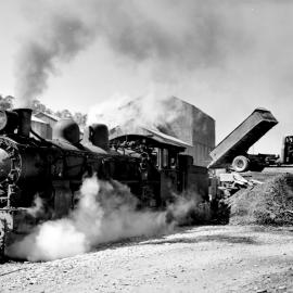 Coal from nearby private mines being unloaded into railway trucks at Rapahoe.ca.1960`s.