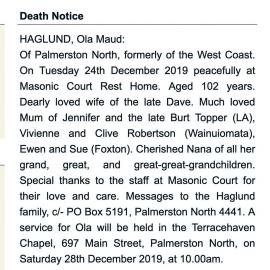 Obituary - Ola Maud Haglund , aged 102 years.  24th Dec,2019.