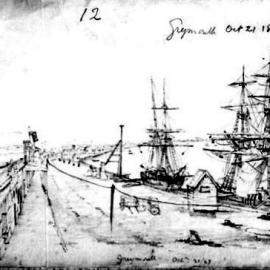 Barnicoat sketch of sailing ships moored at  Greymouth, Oct 21, 1867