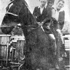 T Lalor,C Marsh, J Lalor on "Parl" - winner of the Kumara Racing Clubs feature race.  - 2 PHOTOS -