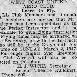 West Coast United Aero Club - Learn to fly. 1947.