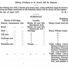 Mining Privileges to be struck off in Mossy Creek Gold Dredging, Mawheraiti/Merrijigs, 1957.