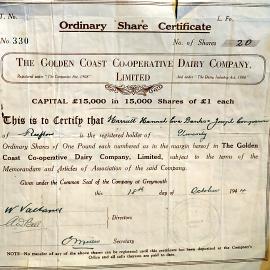 Share certificate for Golden Coast Dairy Company, Reefton, 1944.