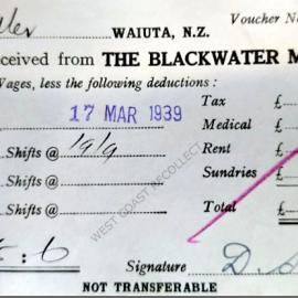 Pay slip for D. Sadler, Waiuta, 1939.